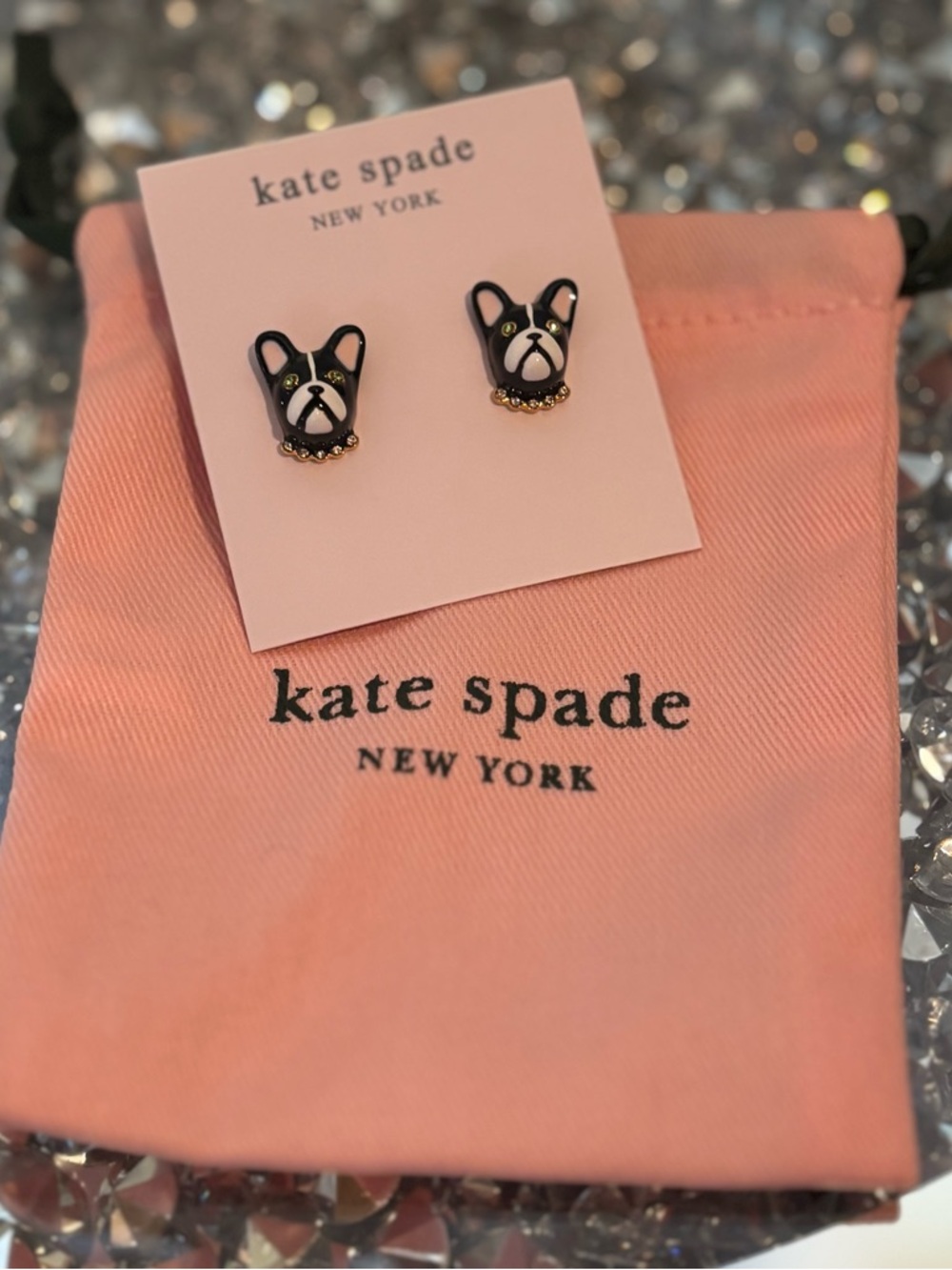 🖤 Kate Spade French Bulldog Stud Earrings – Black Enamel Dog | Crystal Collar